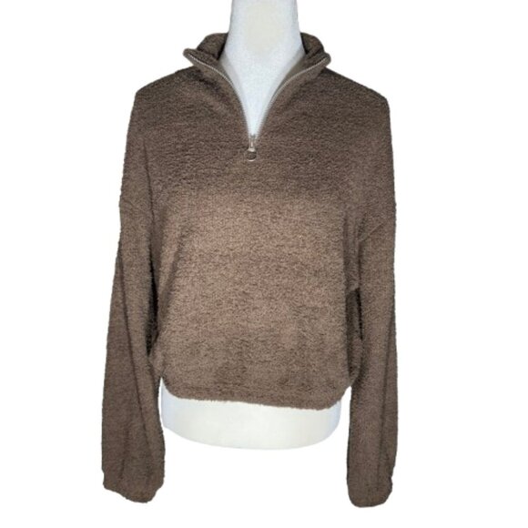 Reebok Women's Brown Cozy Cover Up Pullover Quarter-Zip Fuzzy Sweatshirt Large - Picture 1 of 11